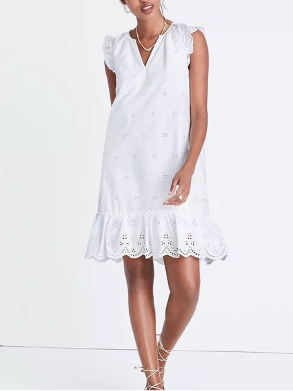 Madewell White Eyelet Ruffle-Hem V-Neck Mini Dress